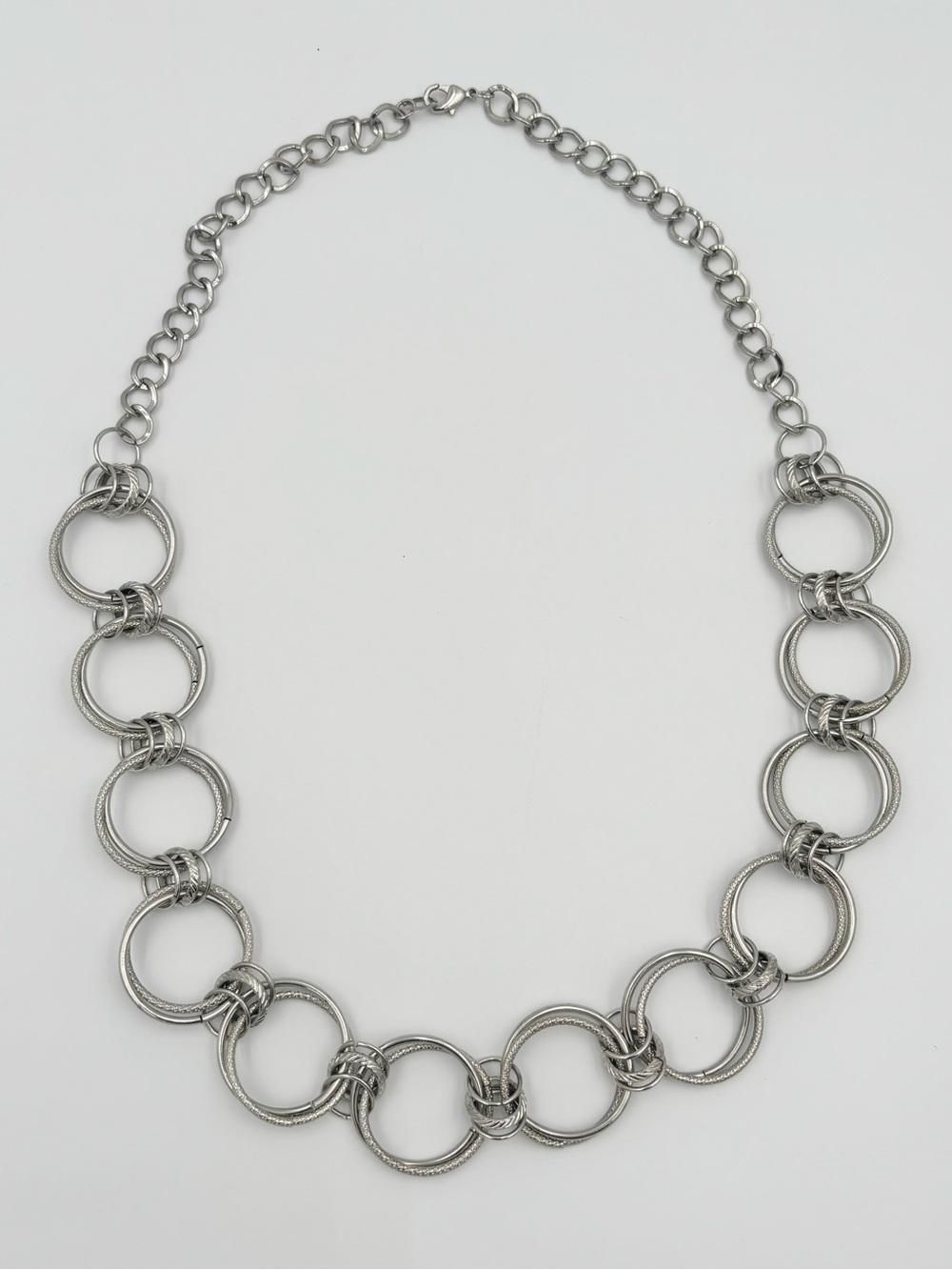 Silver Tone Statement Necklace Textured Double Circle Link Adjustable